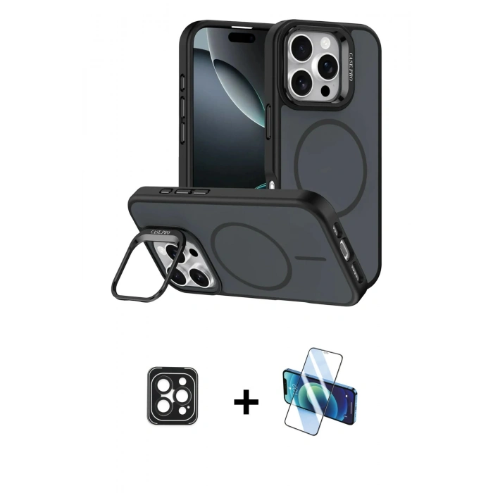MARSİLYAN™- iPhone 16 Pro Max Kılıf Çekirdek Klasik - Siyah 3D Antistatik Cam Ekran Koruyucu + PVD Metal Kamera Lens - SH