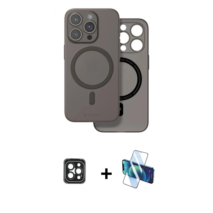MARSİLYAN™- iPhone 16 Pro Max Kılıf Çekirdek Klasik - Siyah 3D Antistatik Cam Ekran Koruyucu + PVD Metal Kamera Lens - SH