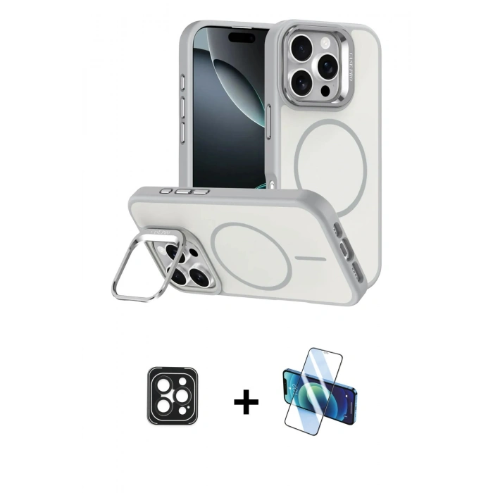 MARSİLYAN™- iPhone 16 Pro Max Kılıf Çekirdek Klasik - Siyah 3D Antistatik Cam Ekran Koruyucu + PVD Metal Kamera Lens - SH