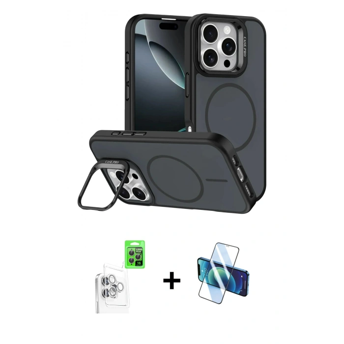 MARSİLYAN™- iPhone 16 Pro Max Kılıf Çekirdek Klasik - Siyah 3D Antistatik Cam Ekran Koruyucu + Raze Metal Kamera Lens - BZ