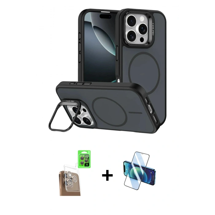 MARSİLYAN™- iPhone 16 Pro Max Kılıf Çekirdek Klasik - Siyah 3D Antistatik Cam Ekran Koruyucu + Raze Metal Kamera Lens - CLTM