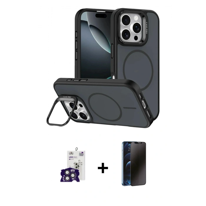 MARSİLYAN™- iPhone 16 Pro Max Kılıf Çekirdek Klasik - Siyah 3D Antistatik Hayalet Cam Ekran Koruyucu + Bilvis Titan Kamera Lens - TMGI