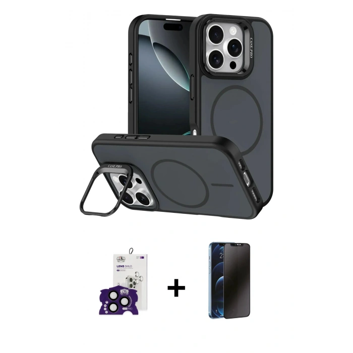 MARSİLYAN™- iPhone 16 Pro Max Kılıf Çekirdek Klasik - Siyah 3D Antistatik Hayalet Cam Ekran Koruyucu + Bilvis Titan Kamera Lens - SH