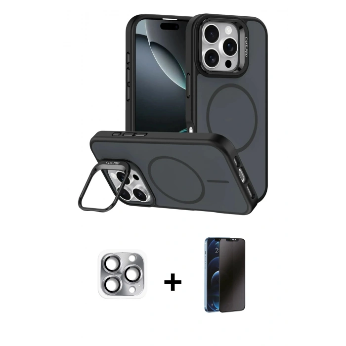 MARSİLYAN™- iPhone 16 Pro Max Kılıf Çekirdek Klasik - Siyah 3D Antistatik Hayalet Cam Ekran Koruyucu + Pers Alüminyum Kamera Lens - GI