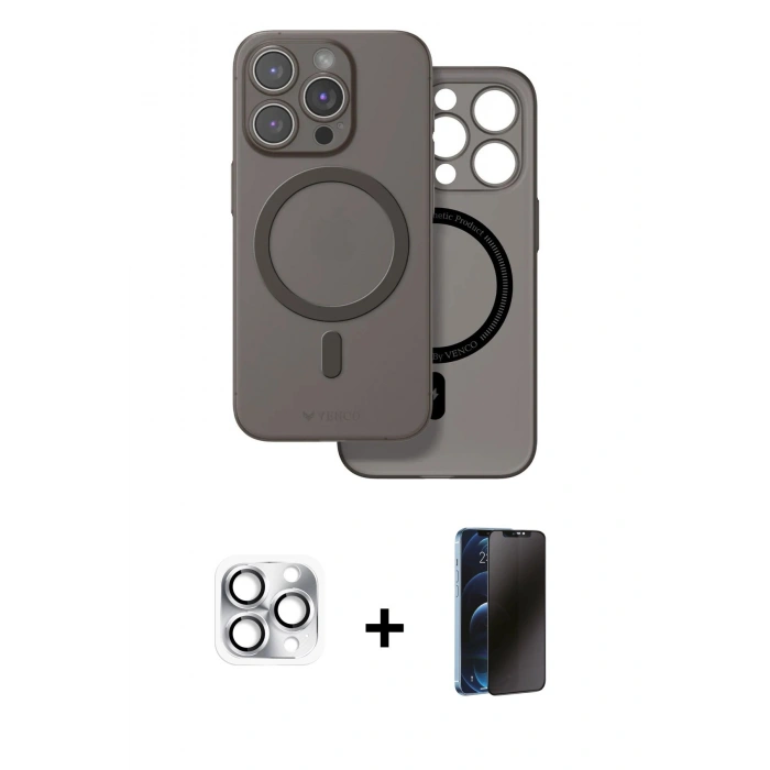 MARSİLYAN™- iPhone 16 Pro Max Kılıf Çekirdek Klasik - Siyah 3D Antistatik Hayalet Cam Ekran Koruyucu + Pers Alüminyum Kamera Lens - GS