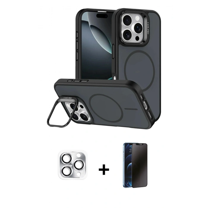 MARSİLYAN™- iPhone 16 Pro Max Kılıf Çekirdek Klasik - Siyah 3D Antistatik Hayalet Cam Ekran Koruyucu + Pers Alüminyum Kamera Lens - GS