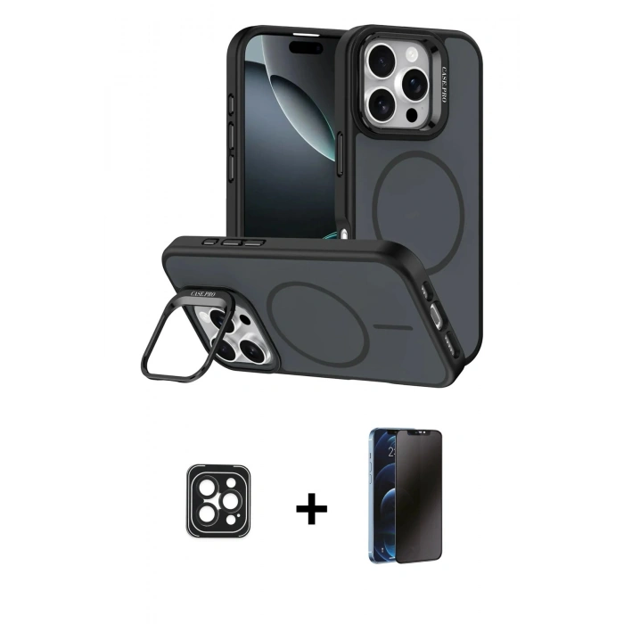 MARSİLYAN™- iPhone 16 Pro Max Kılıf Çekirdek Klasik - Siyah 3D Antistatik Hayalet Cam Ekran Koruyucu + PVD Metal Kamera Lens - SH