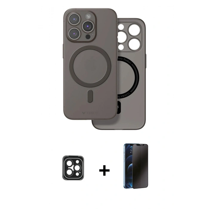 MARSİLYAN™- iPhone 16 Pro Max Kılıf Çekirdek Klasik - Siyah 3D Antistatik Hayalet Cam Ekran Koruyucu + PVD Metal Kamera Lens - SH