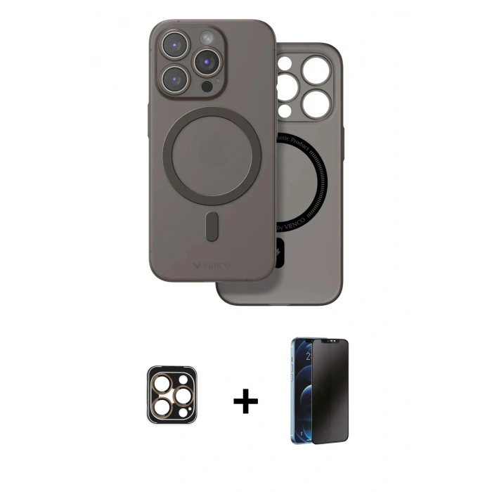 MARSİLYAN™- iPhone 16 Pro Max Kılıf Çekirdek Klasik - Siyah 3D Antistatik Hayalet Cam Ekran Koruyucu + PVD Metal Kamera Lens - GD