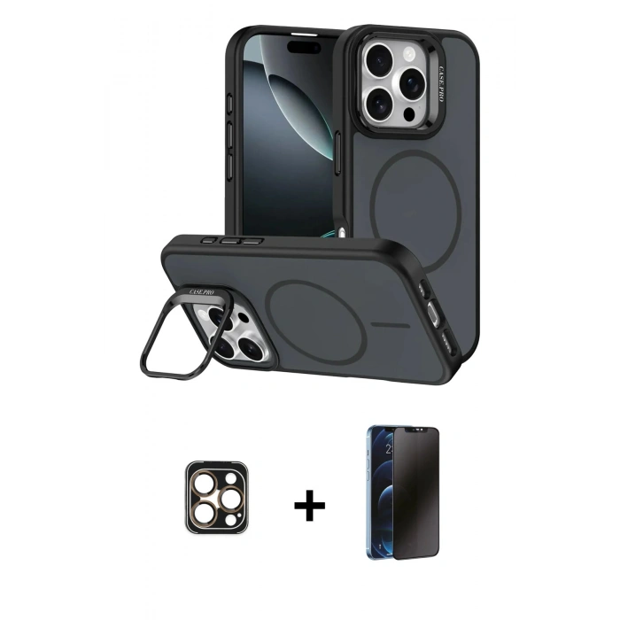 MARSİLYAN™- iPhone 16 Pro Max Kılıf Çekirdek Klasik - Siyah 3D Antistatik Hayalet Cam Ekran Koruyucu + PVD Metal Kamera Lens - GD