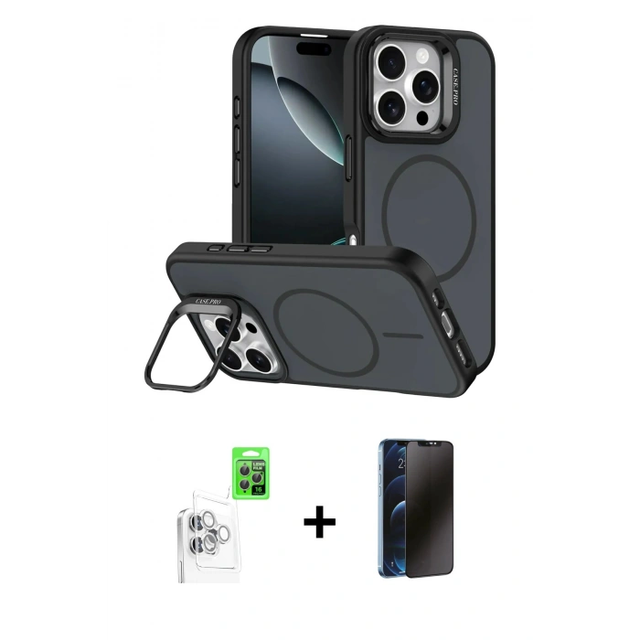 MARSİLYAN™- iPhone 16 Pro Max Kılıf Çekirdek Klasik - Siyah 3D Antistatik Hayalet Cam Ekran Koruyucu + Raze Metal Kamera Lens - BZ