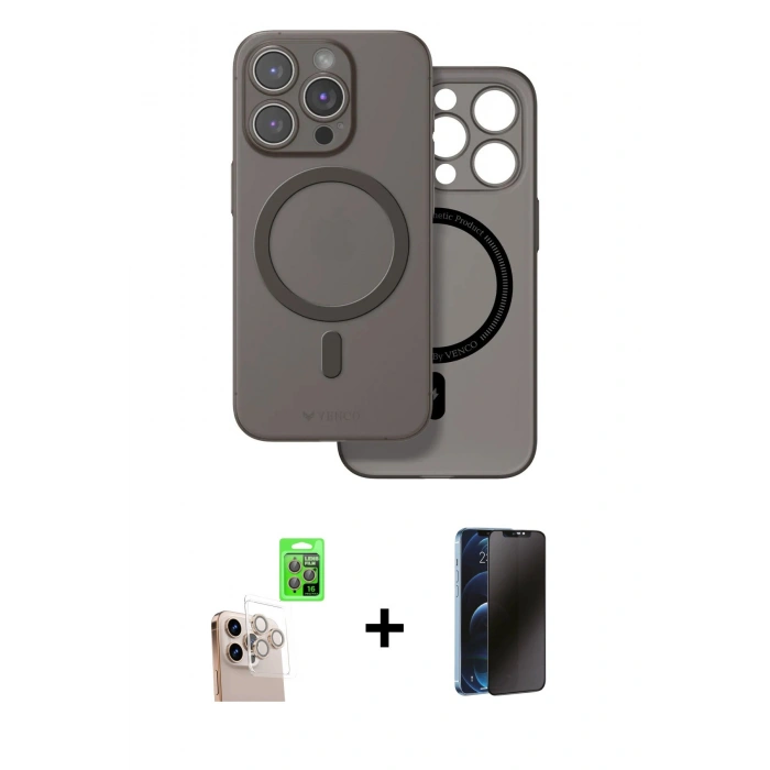 MARSİLYAN™- iPhone 16 Pro Max Kılıf Çekirdek Klasik - Siyah 3D Antistatik Hayalet Cam Ekran Koruyucu + Raze Metal Kamera Lens - NLGY