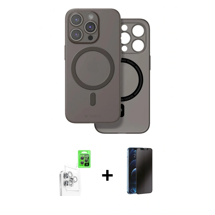 MARSİLYAN™- iPhone 16 Pro Max Kılıf Çekirdek Klasik - Siyah 3D Antistatik Hayalet Cam Ekran Koruyucu + Raze Metal Kamera Lens - BZ