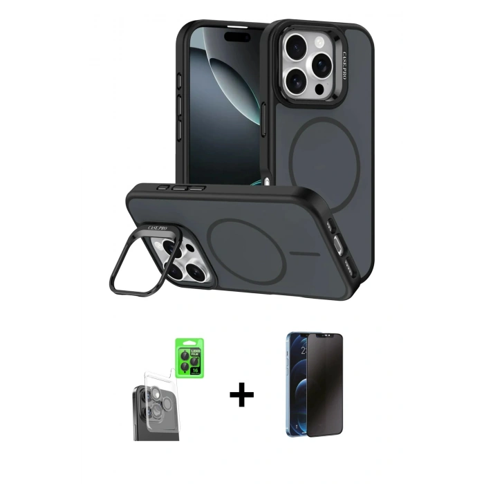 MARSİLYAN™- iPhone 16 Pro Max Kılıf Çekirdek Klasik - Siyah 3D Antistatik Hayalet Cam Ekran Koruyucu + Raze Metal Kamera Lens - SH