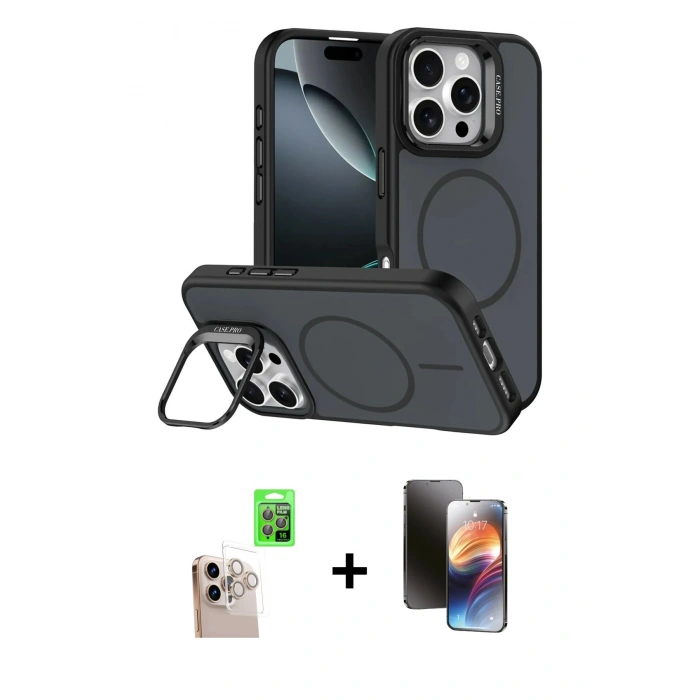 MARSİLYAN™- iPhone 16 Pro Max Kılıf Çekirdek Klasik - Siyah 3D Antistatik Mat Seramik Nano Ekran Koruyucu + Raze Metal Kamera Lens - NLGY