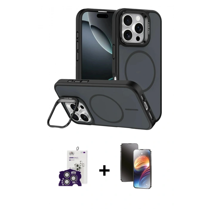 MARSİLYAN™- iPhone 16 Pro Max Kılıf Çekirdek Klasik - Siyah 3D Antistatik Mat Seramik Nano Ekran Koruyucu + Bilvis Titan Kamera Lens - GS