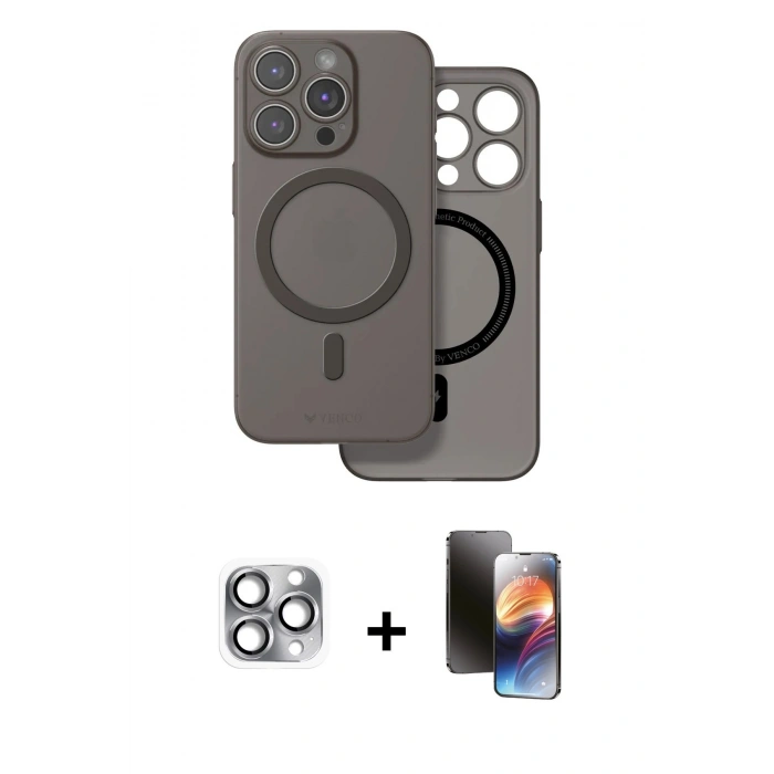 MARSİLYAN™- iPhone 16 Pro Max Kılıf Çekirdek Klasik - Siyah 3D Antistatik Mat Seramik Nano Ekran Koruyucu + Pers Alüminyum Kamera Lens - GI