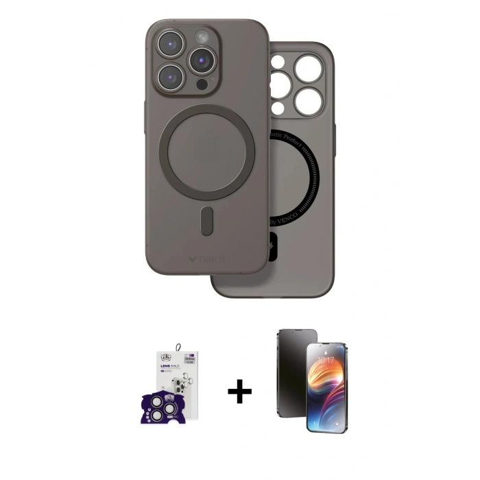 MARSİLYAN™- iPhone 16 Pro Max Kılıf Çekirdek Klasik - Siyah 3D Antistatik Mat Seramik Nano Ekran Koruyucu + Titanyum Gri Bilvis Titan Kamera Lens