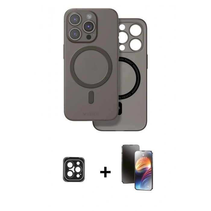 MARSİLYAN™- iPhone 16 Pro Max Kılıf Çekirdek Klasik - Siyah 3D Antistatik Mat Seramik Nano Ekran Koruyucu + PVD Metal Kamera Lens - SH