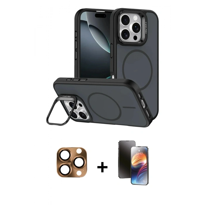 MARSİLYAN™- iPhone 16 Pro Max Kılıf Çekirdek Klasik - Siyah 3D Antistatik Mat Seramik Nano Ekran Koruyucu + Pers Alüminyum Kamera Lens - CLTM