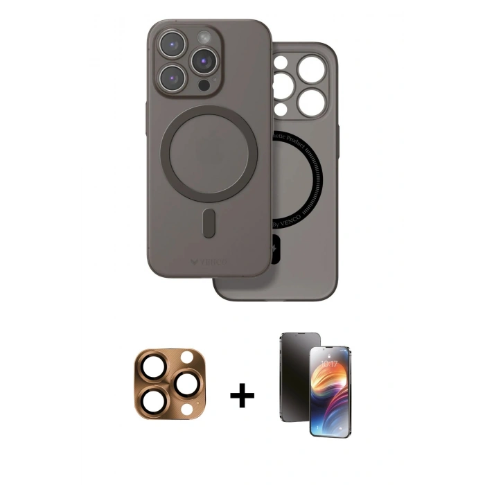 MARSİLYAN™- iPhone 16 Pro Max Kılıf Çekirdek Klasik - Siyah 3D Antistatik Mat Seramik Nano Ekran Koruyucu + Pers Alüminyum Kamera Lens - CLTM