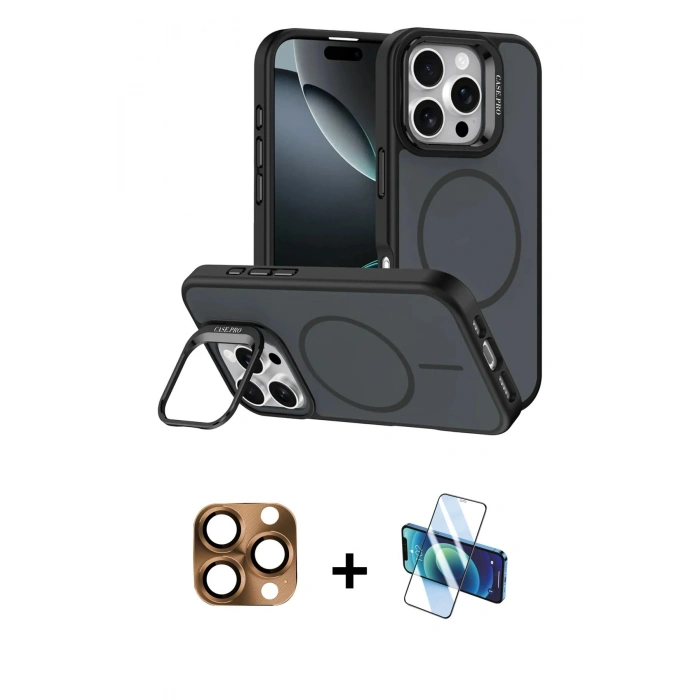 MARSİLYAN™- iPhone 16 Pro Max Kılıf Çekirdek Klasik - Siyah 3D Antistatik Seramik Nano Ekran Koruyucu + Pers Alüminyum Kamera Lens - CLTM