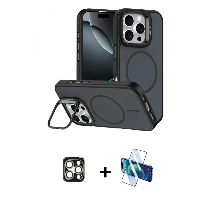 MARSİLYAN™- iPhone 16 Pro Max Kılıf Çekirdek Klasik - Siyah 3D Antistatik Seramik Nano Ekran Koruyucu + Gümüş PVD Metal Kamera Lens