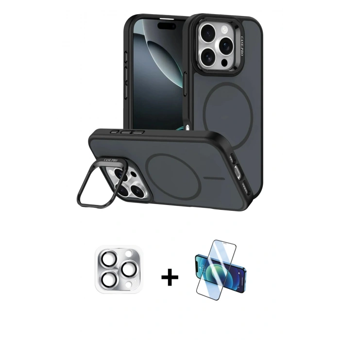 MARSİLYAN™- iPhone 16 Pro Max Kılıf Çekirdek Klasik - Siyah 3D Antistatik Seramik Nano Ekran Koruyucu + Pers Alüminyum Kamera Lens - GS