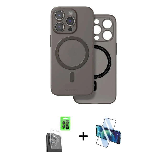 MARSİLYAN™- iPhone 16 Pro Max Kılıf Çekirdek Klasik - Siyah 3D Antistatik Seramik Nano Ekran Koruyucu + Siyah Raze Metal Kamera Lens