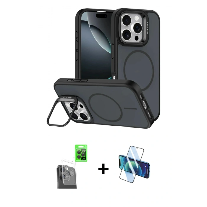 MARSİLYAN™- iPhone 16 Pro Max Kılıf Çekirdek Klasik - Siyah 3D Antistatik Seramik Nano Ekran Koruyucu + Siyah Raze Metal Kamera Lens