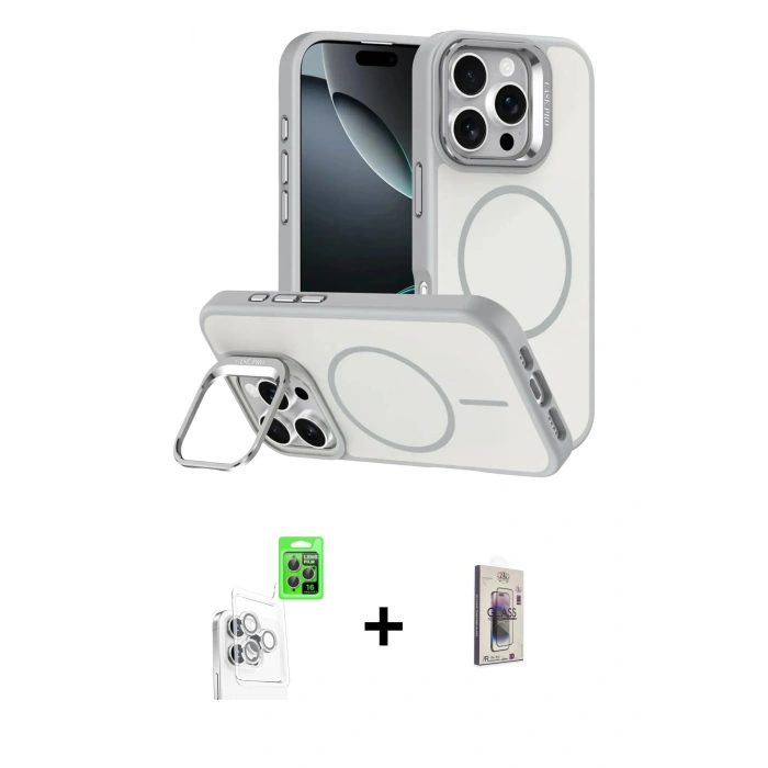 MARSİLYAN™- iPhone 16 Pro Max Kılıf Çekirdek Klasik - Siyah Bilvis 3D Cam Ekran Koruyucu + Beyaz Raze Metal Kamera Lens