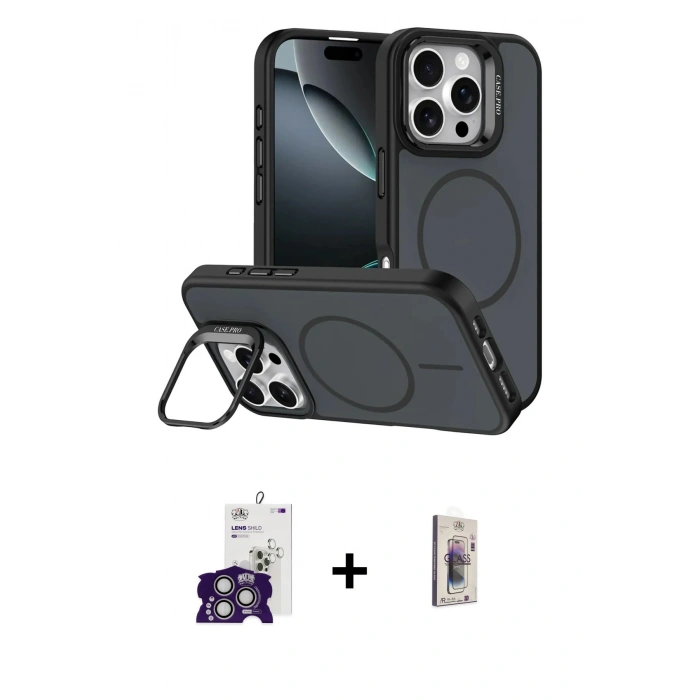 MARSİLYAN™- iPhone 16 Pro Max Kılıf Çekirdek Klasik - Siyah Bilvis 3D Cam Ekran Koruyucu + Bilvis Titan Kamera Lens - GS