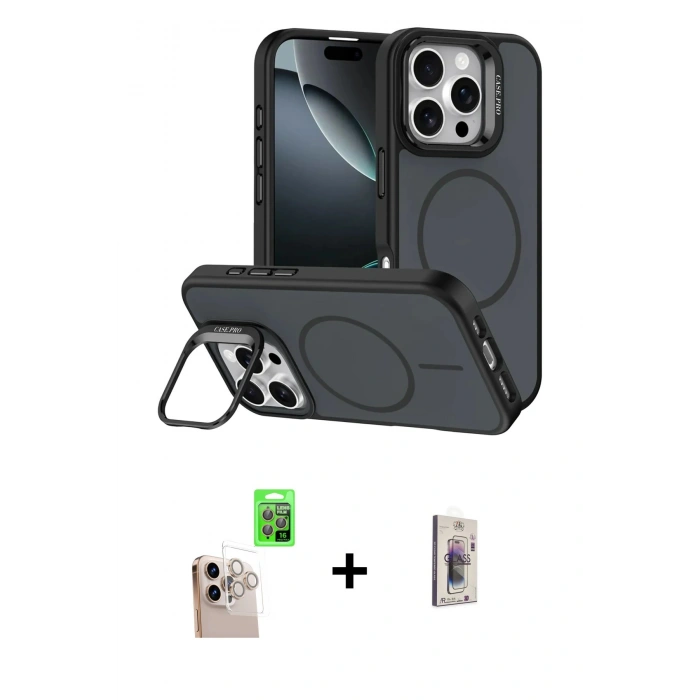MARSİLYAN™- iPhone 16 Pro Max Kılıf Çekirdek Klasik - Siyah Bilvis 3D Cam Ekran Koruyucu + Raze Metal Kamera Lens - NLGY