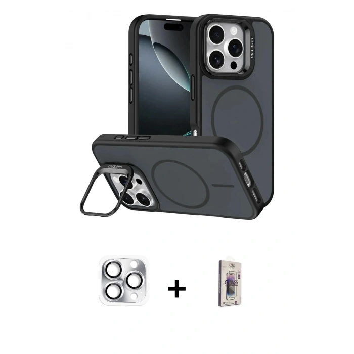 MARSİLYAN™- iPhone 16 Pro Max Kılıf Çekirdek Klasik - Siyah Bilvis 3D Cam Ekran Koruyucu + Pers Alüminyum Kamera Lens - GS