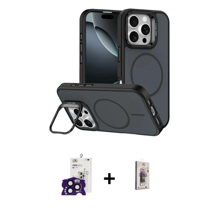 MARSİLYAN™- iPhone 16 Pro Max Kılıf Çekirdek Klasik - Siyah Bilvis 3D Cam Ekran Koruyucu + Siyah Bilvis Titan Kamera Lens