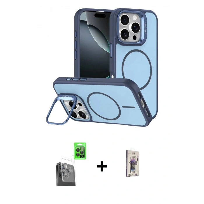 MARSİLYAN™- iPhone 16 Pro Max Kılıf Çekirdek Klasik - Siyah Bilvis 3D Cam Ekran Koruyucu + Raze Metal Kamera Lens - SH