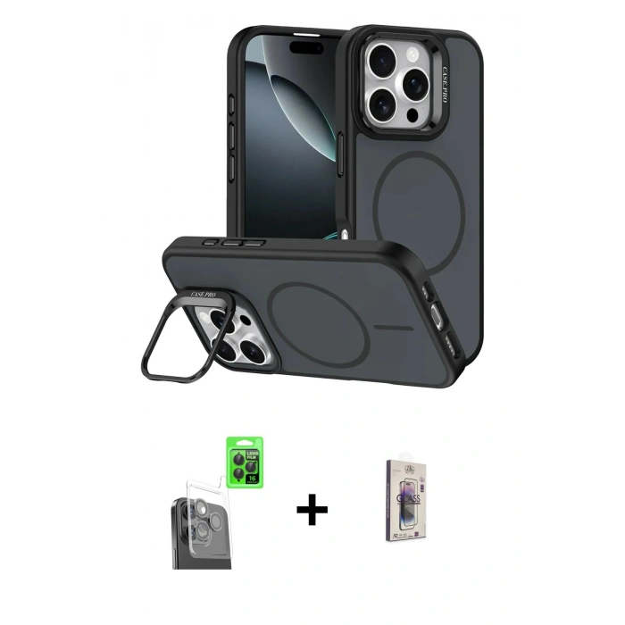 MARSİLYAN™- iPhone 16 Pro Max Kılıf Çekirdek Klasik - Siyah Bilvis 3D Cam Ekran Koruyucu + Raze Metal Kamera Lens - SH