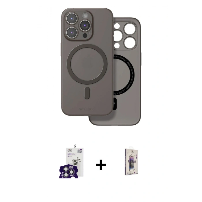 MARSİLYAN™- iPhone 16 Pro Max Kılıf Çekirdek Klasik - Siyah Bilvis 3D Cam Ekran Koruyucu + Titanyum Gri Bilvis Titan Kamera Lens
