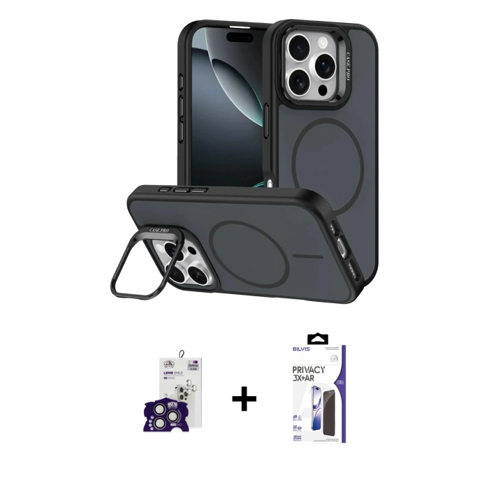 MARSİLYAN™- iPhone 16 Pro Max Kılıf Çekirdek Klasik - Siyah Bilvis 3X AR Hayalet Cam Ekran Koruyucu + Bilvis Titan Kamera Lens - TMGI