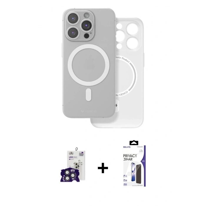 MARSİLYAN™- iPhone 16 Pro Max Kılıf Çekirdek Klasik - Siyah Bilvis 3X AR Hayalet Cam Ekran Koruyucu + Bilvis Titan Kamera Lens - TMGI