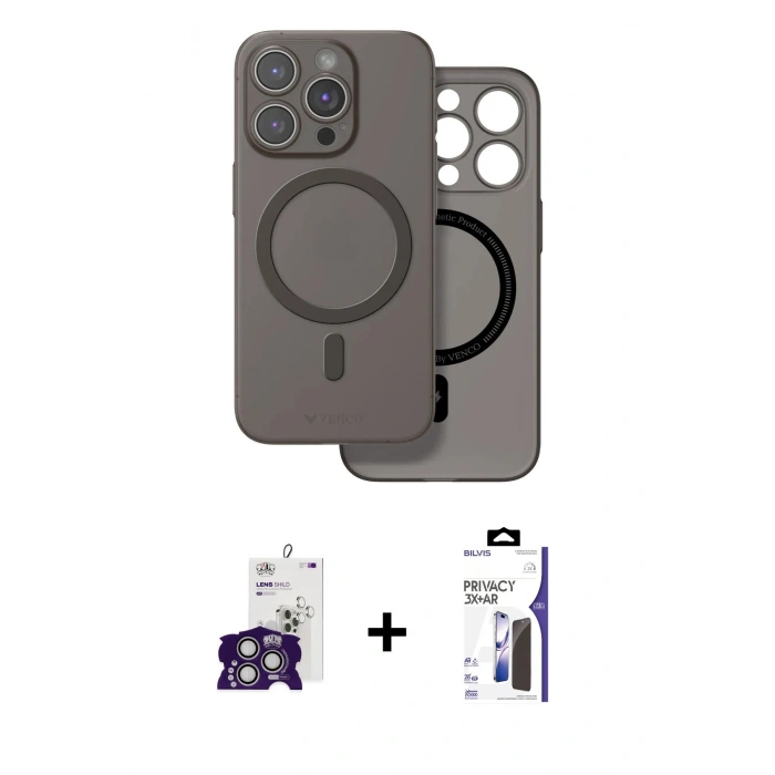 MARSİLYAN™- iPhone 16 Pro Max Kılıf Çekirdek Klasik - Siyah Bilvis 3X AR Hayalet Cam Ekran Koruyucu + Bilvis Titan Kamera Lens - GS