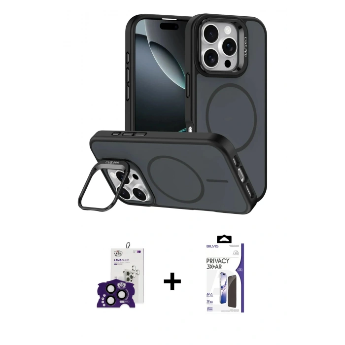 MARSİLYAN™- iPhone 16 Pro Max Kılıf Çekirdek Klasik - Siyah Bilvis 3X AR Hayalet Cam Ekran Koruyucu + Bilvis Titan Kamera Lens - SH