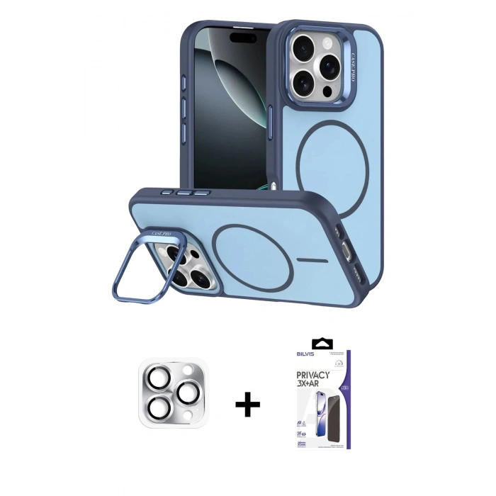 MARSİLYAN™- iPhone 16 Pro Max Kılıf Çekirdek Klasik - Siyah Bilvis 3X AR Hayalet Cam Ekran Koruyucu + Pers Alüminyum Kamera Lens - GS