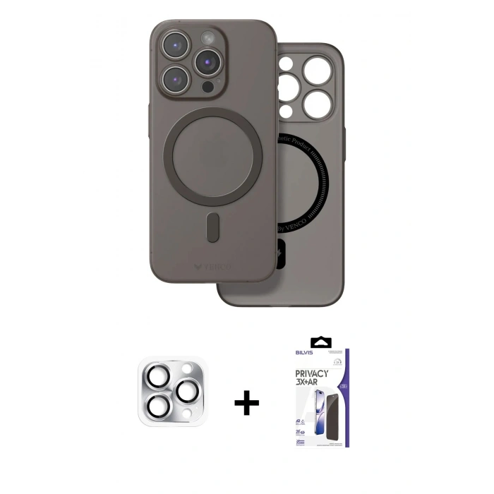 MARSİLYAN™- iPhone 16 Pro Max Kılıf Çekirdek Klasik - Siyah Bilvis 3X AR Hayalet Cam Ekran Koruyucu + Pers Alüminyum Kamera Lens - GS