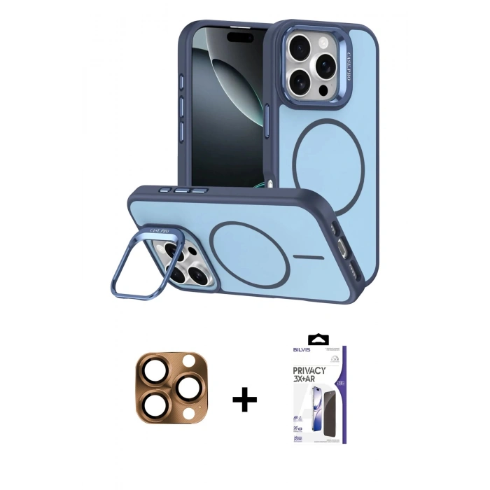 MARSİLYAN™- iPhone 16 Pro Max Kılıf Çekirdek Klasik - Siyah Bilvis 3X AR Hayalet Cam Ekran Koruyucu + Pers Alüminyum Kamera Lens - CLTM