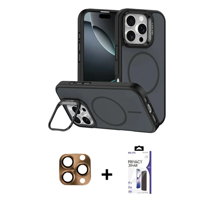 MARSİLYAN™- iPhone 16 Pro Max Kılıf Çekirdek Klasik - Siyah Bilvis 3X AR Hayalet Cam Ekran Koruyucu + Pers Alüminyum Kamera Lens - CLTM