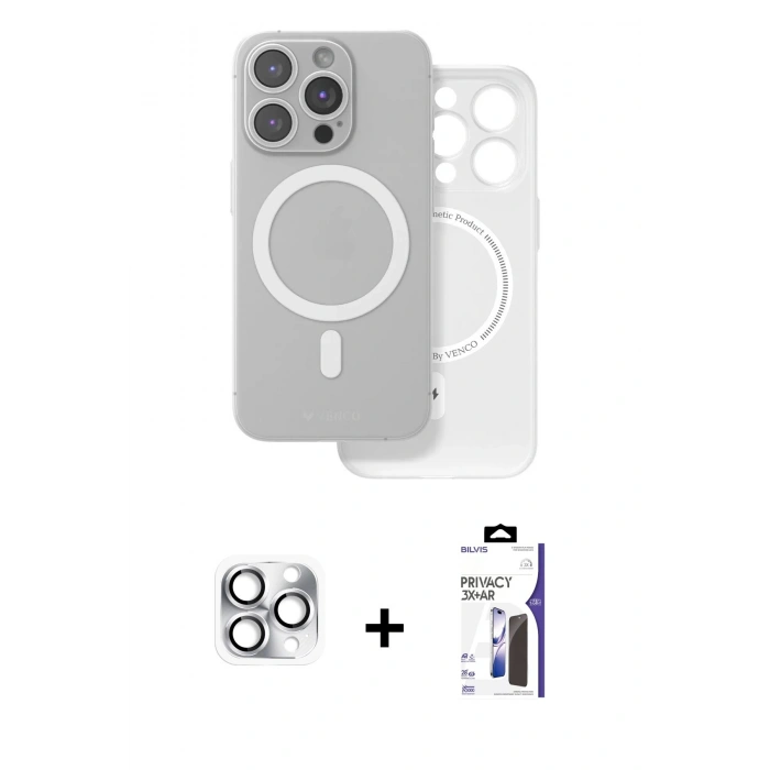 MARSİLYAN™- iPhone 16 Pro Max Kılıf Çekirdek Klasik - Siyah Bilvis 3X AR Hayalet Cam Ekran Koruyucu + Pers Alüminyum Kamera Lens - GS