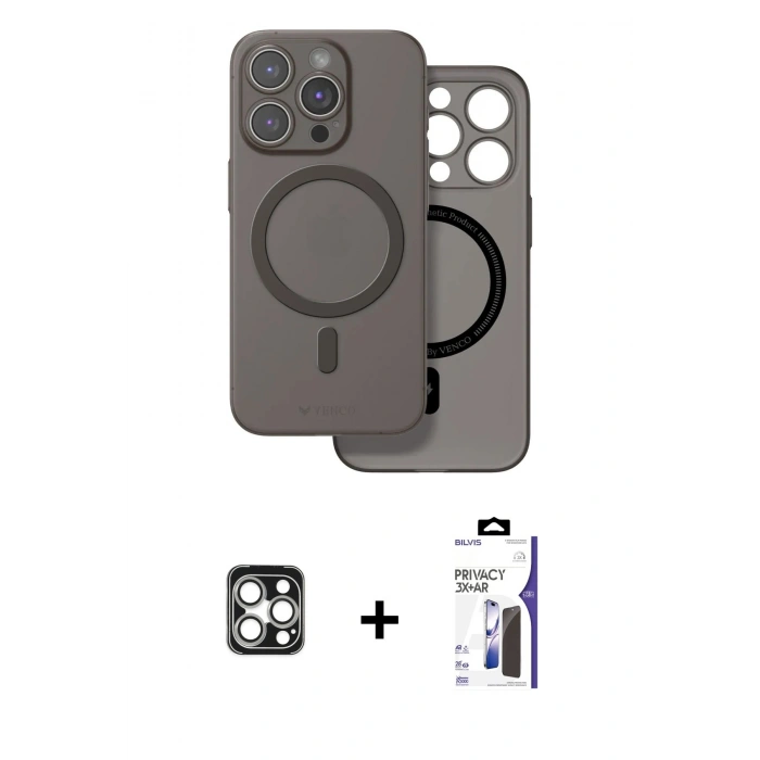 MARSİLYAN™- iPhone 16 Pro Max Kılıf Çekirdek Klasik - Siyah Bilvis 3X AR Hayalet Cam Ekran Koruyucu + PVD Metal Kamera Lens - GS