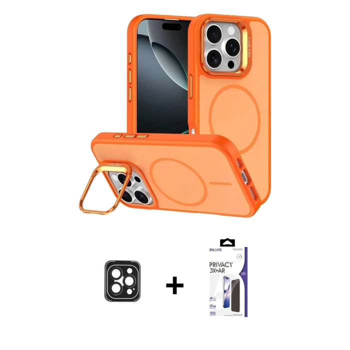 MARSİLYAN™- iPhone 16 Pro Max Kılıf Çekirdek Klasik - Siyah Bilvis 3X AR Hayalet Cam Ekran Koruyucu + PVD Metal Kamera Lens - SH