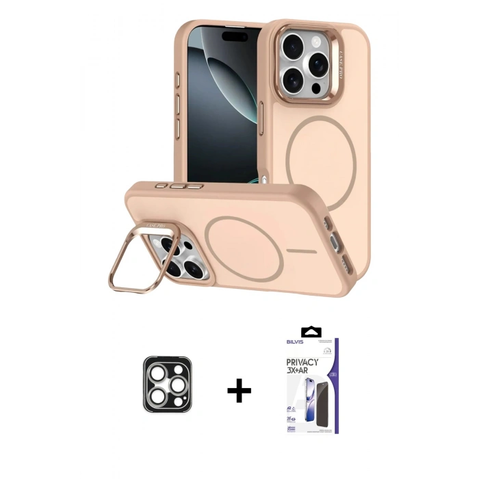 MARSİLYAN™- iPhone 16 Pro Max Kılıf Çekirdek Klasik - Siyah Bilvis 3X AR Hayalet Cam Ekran Koruyucu + PVD Metal Kamera Lens - GS